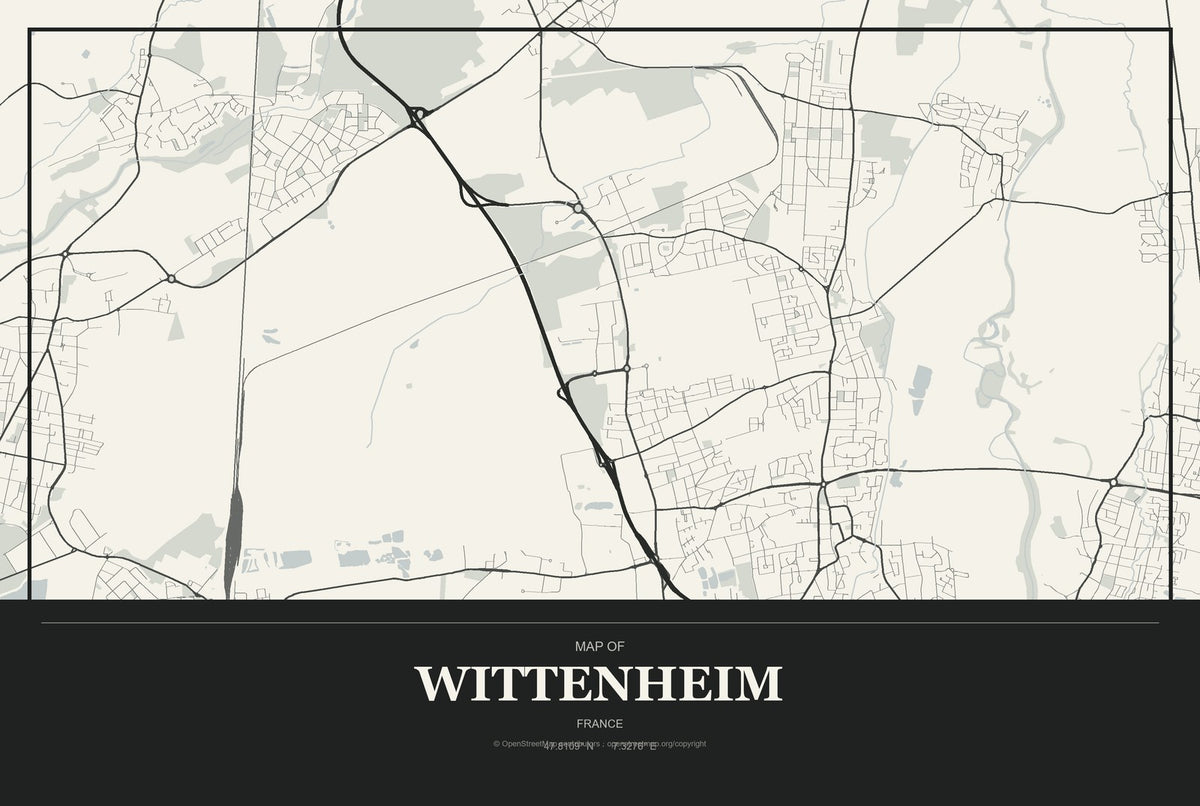 Wittenheim, France City Map Aluminum Sign in Museum Plaque style