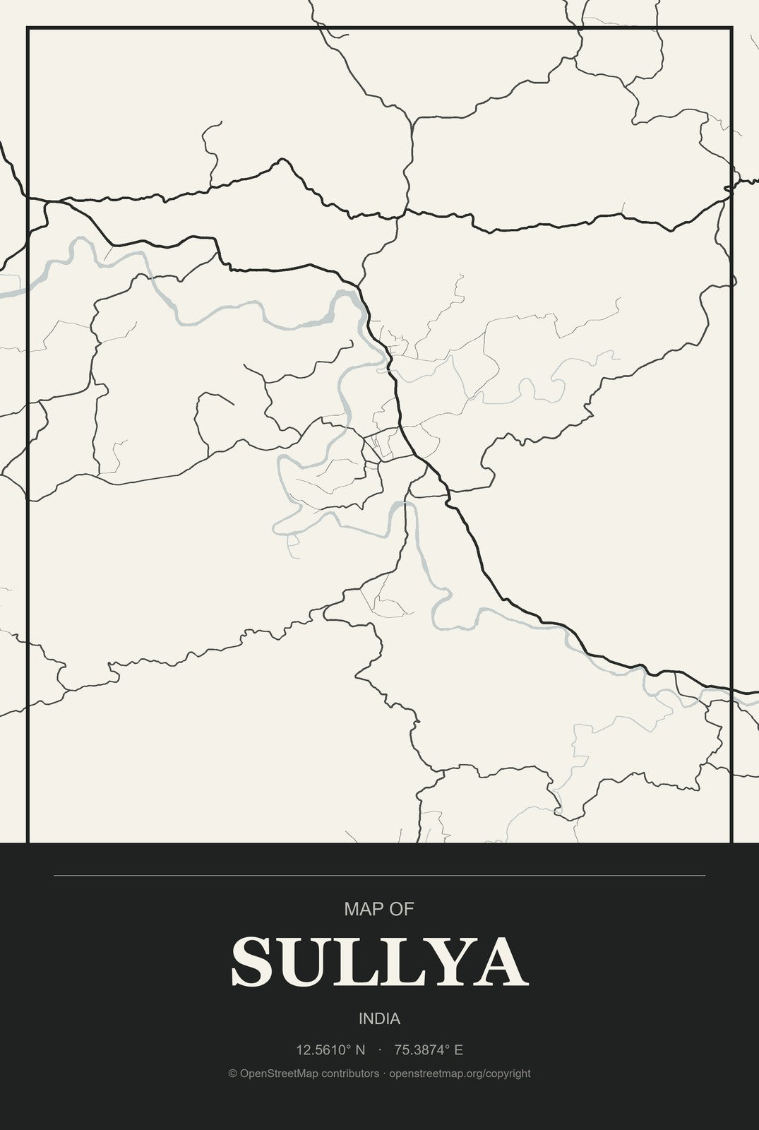 Sullya, India City Map Aluminum Sign in Museum Plaque style