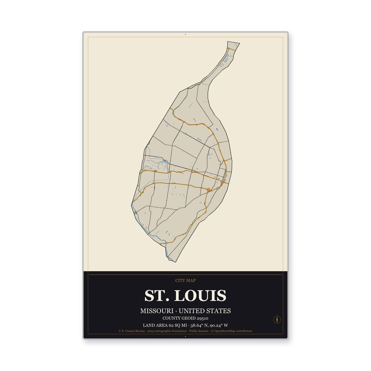 St. Louis city, Missouri Map Aluminum Sign in Museum Plaque style