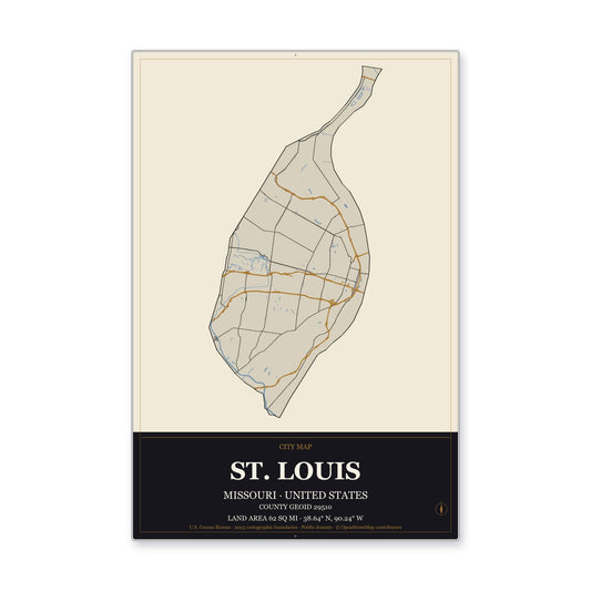St. Louis city, Missouri Map Aluminum Sign in Museum Plaque style