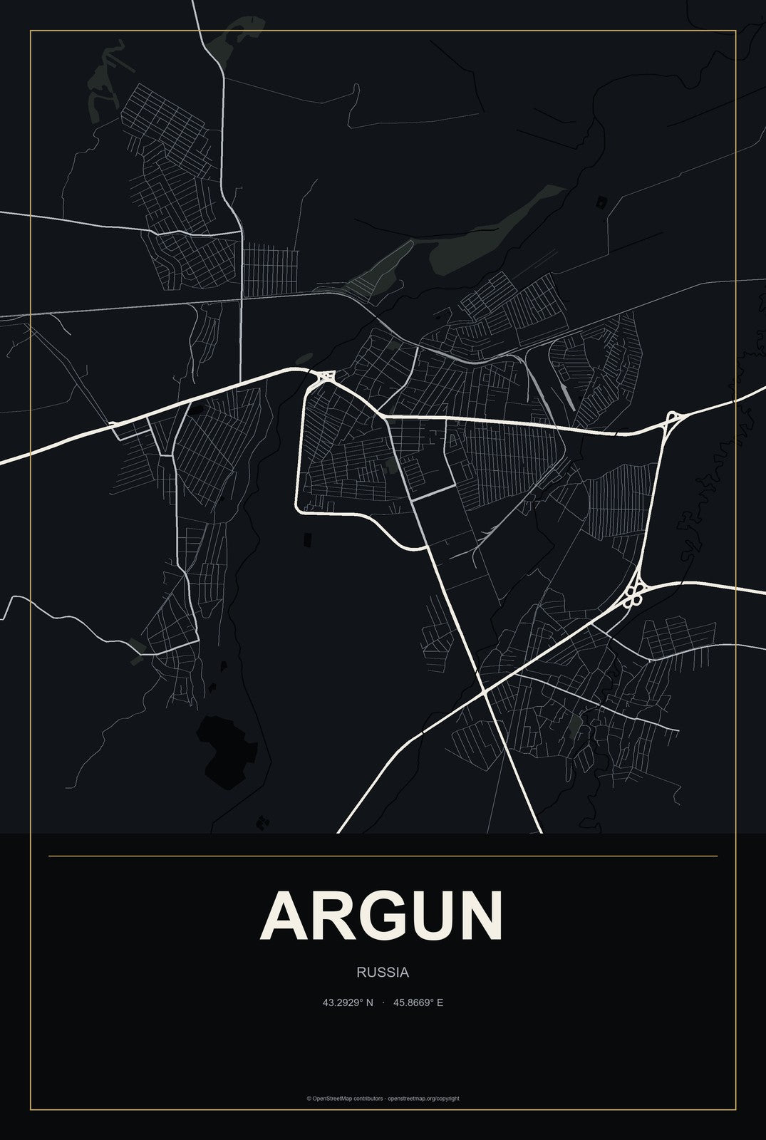 Argun, Russia City Map Aluminum Sign in Metropolitan Noir style