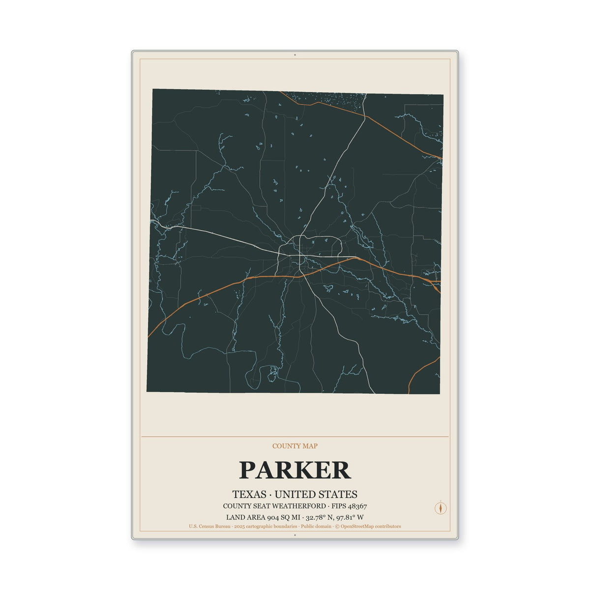 Parker County, Texas Map Aluminum Sign in Headline Atlas style