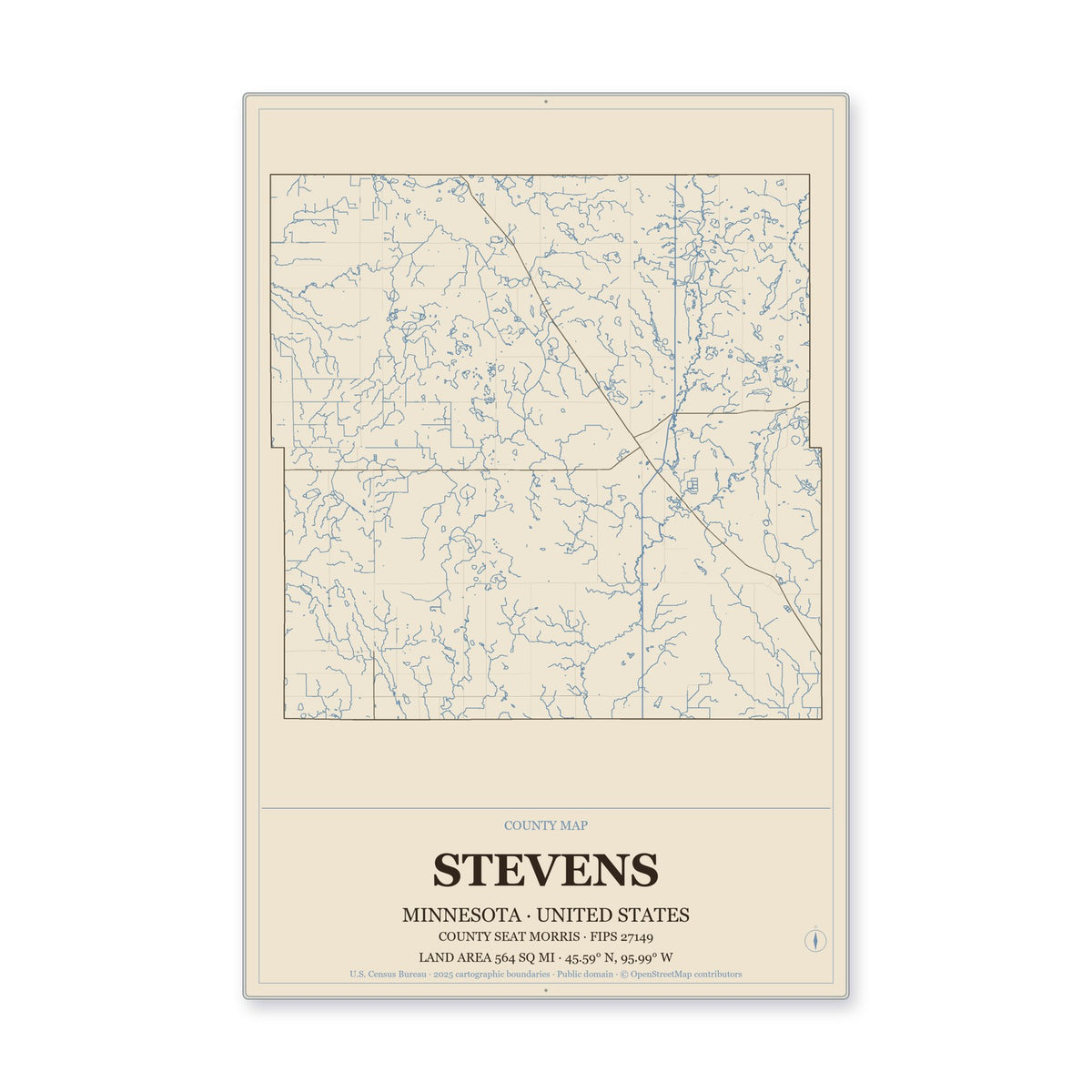 Stevens County, Minnesota Map Aluminum Sign in Heritage Nautical style