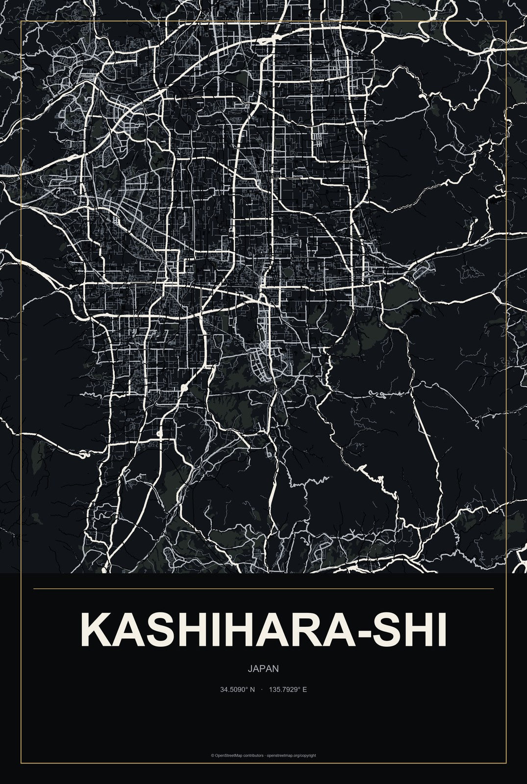 Kashihara-shi, Japan City Map Aluminum Sign in Metropolitan Noir style