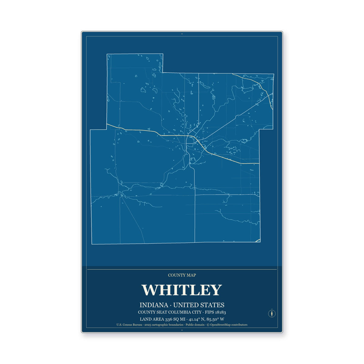 Whitley County, Indiana Map Aluminum Sign in Harbor Cobalt style