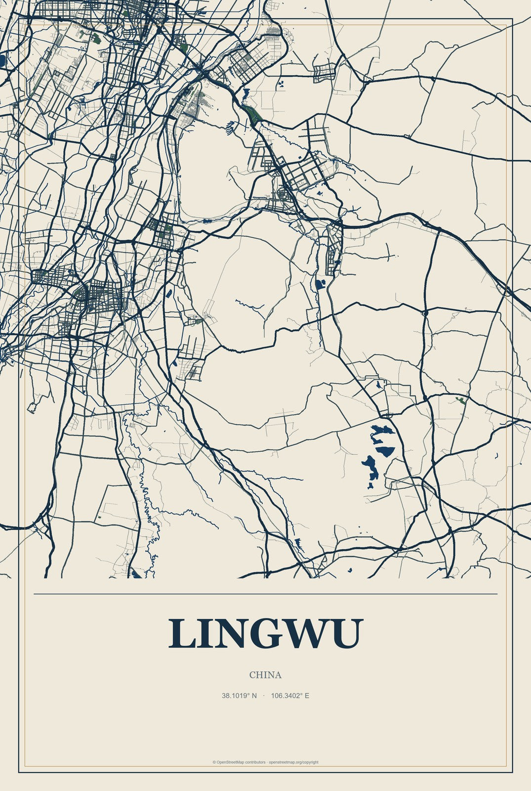 Lingwu, China City Map Aluminum Sign in Coastal Cutout style