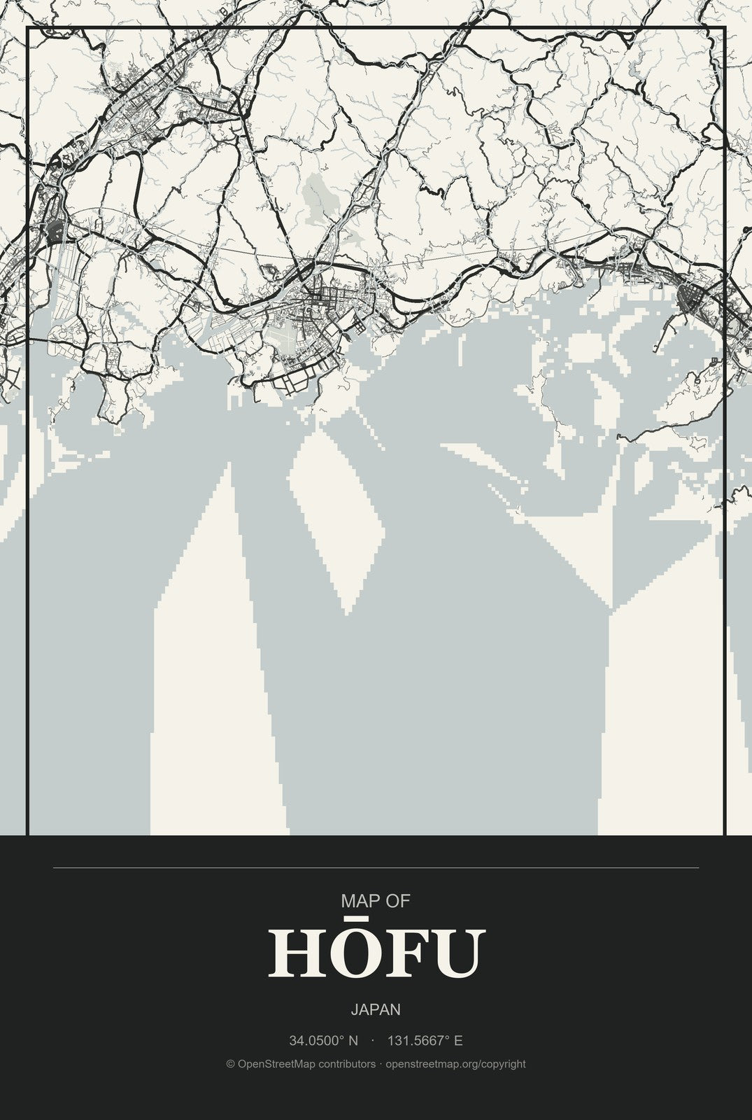 Hōfu, Japan City Map Aluminum Sign in Museum Plaque style
