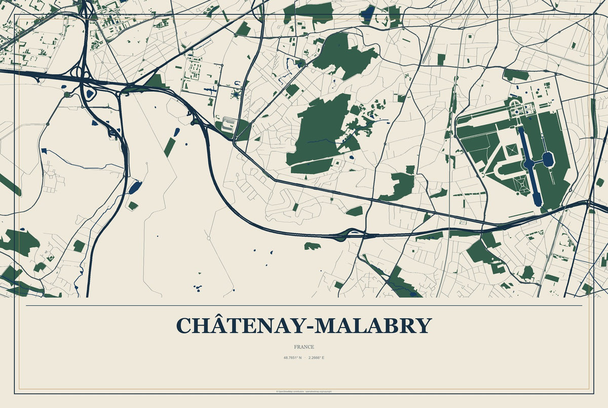 Châtenay-Malabry, France City Map Aluminum Sign in Coastal Cutout style