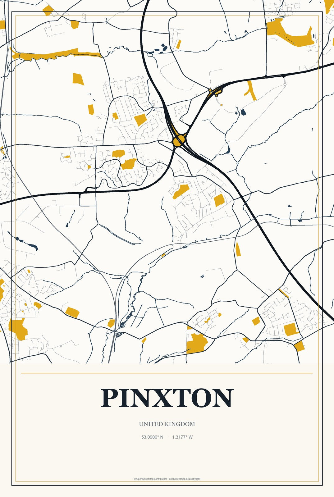 Pinxton, United Kingdom City Map Aluminum Sign in Citrine Modern style