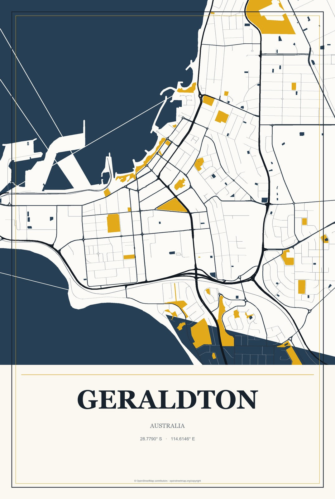 Geraldton, Australia City Map Aluminum Sign in Citrine Modern style