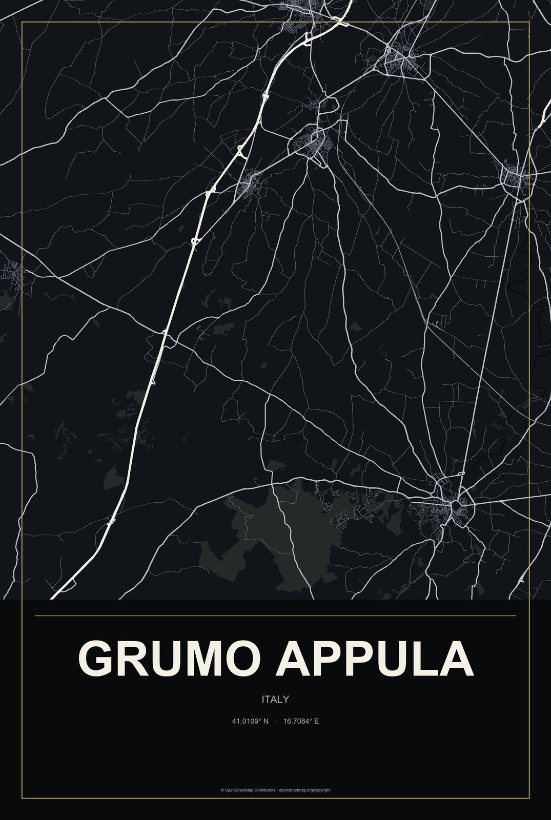 Grumo Appula, Italy City Map Aluminum Sign in Metropolitan Noir style