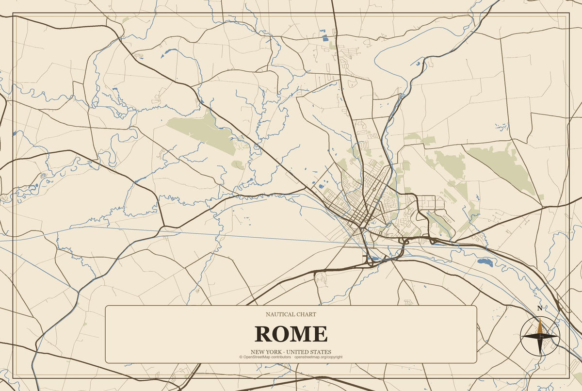 Rome, New York City Map Aluminum Sign in Heritage Nautical style