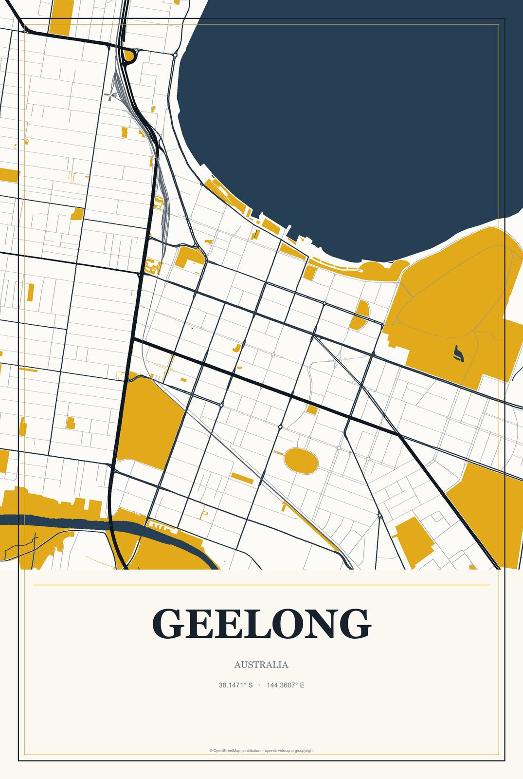 Geelong, Australia City Map Aluminum Sign in Citrine Modern style