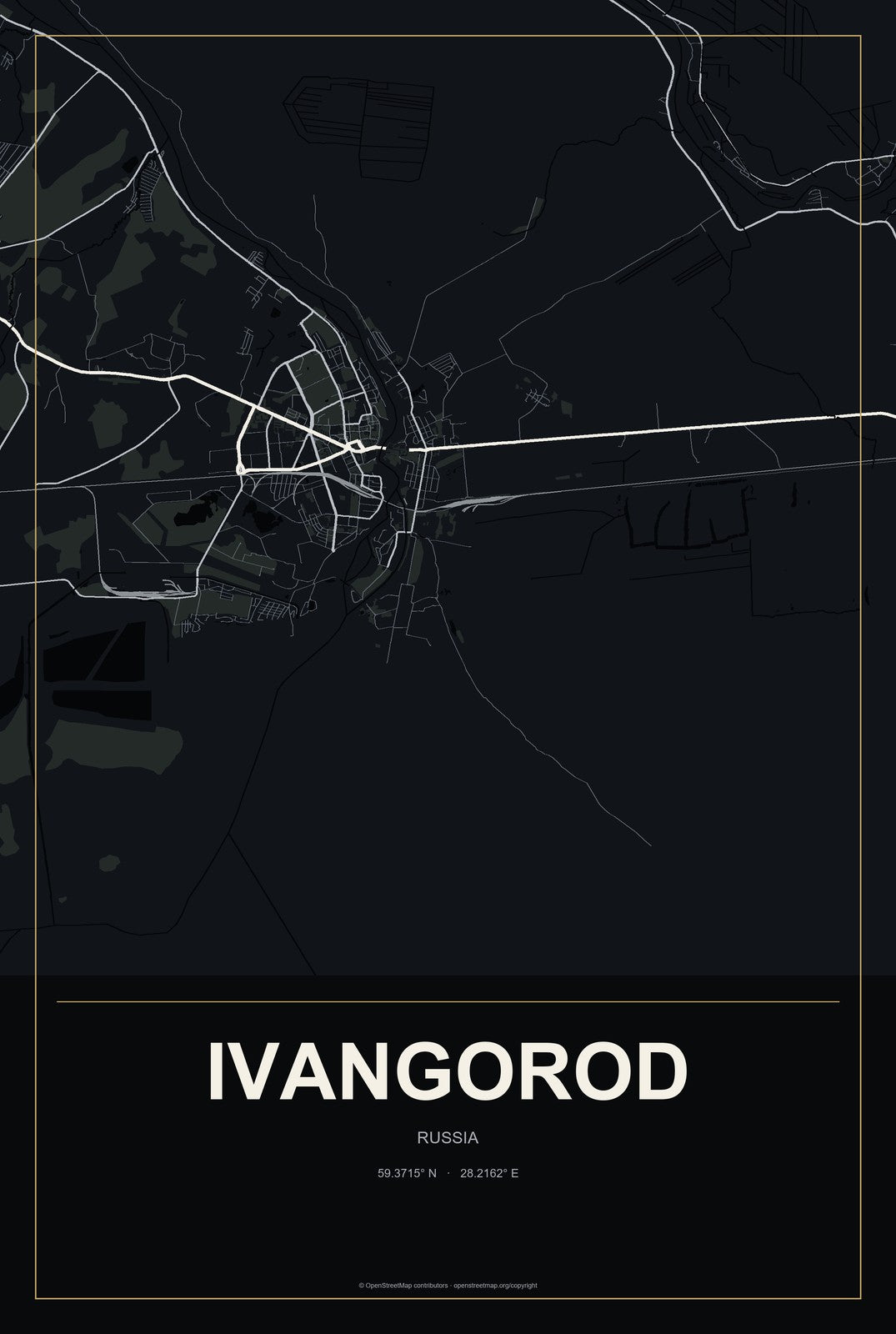 Ivangorod, Russia City Map Aluminum Sign in Metropolitan Noir style