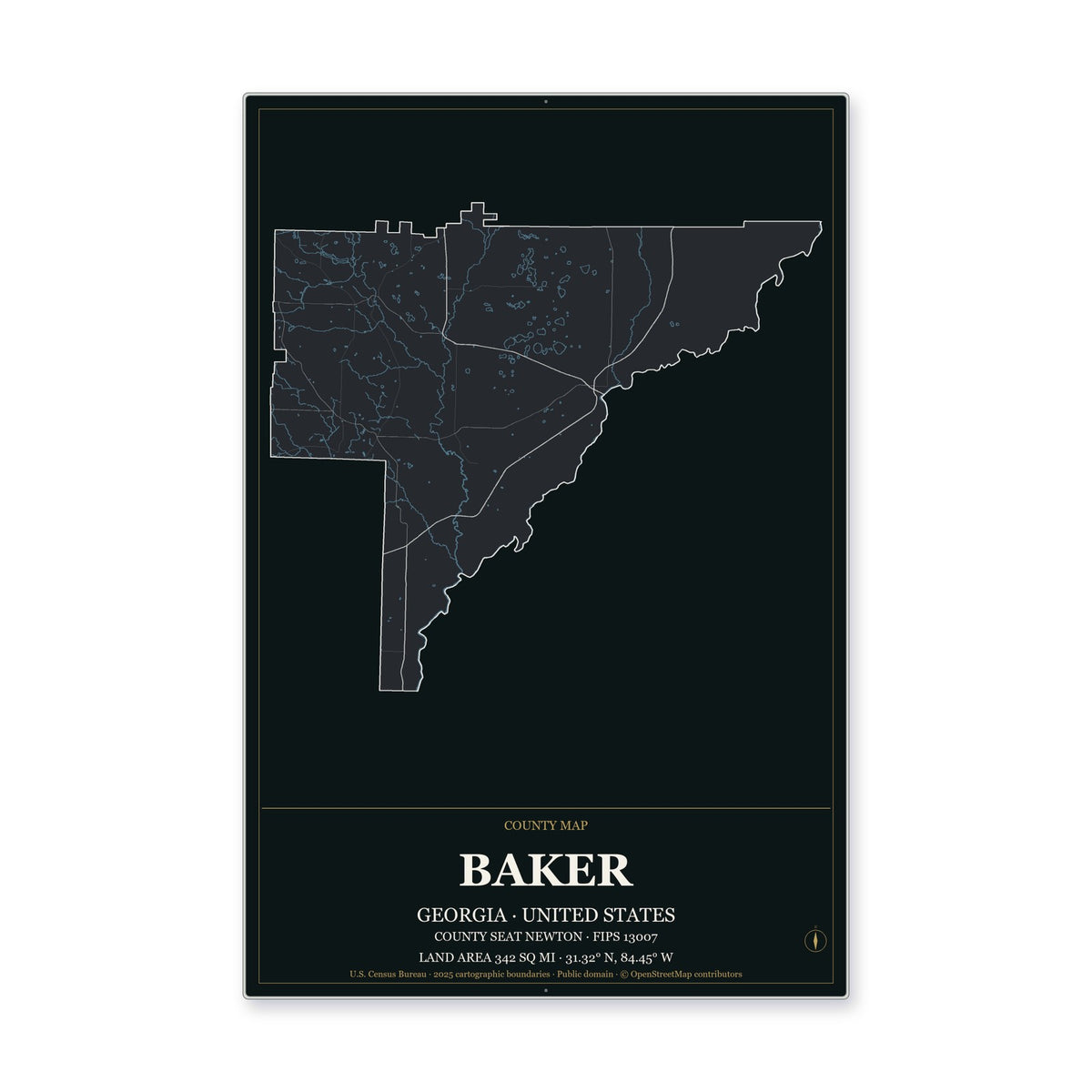 Baker County, Georgia Map Aluminum Sign in Metropolitan Noir style