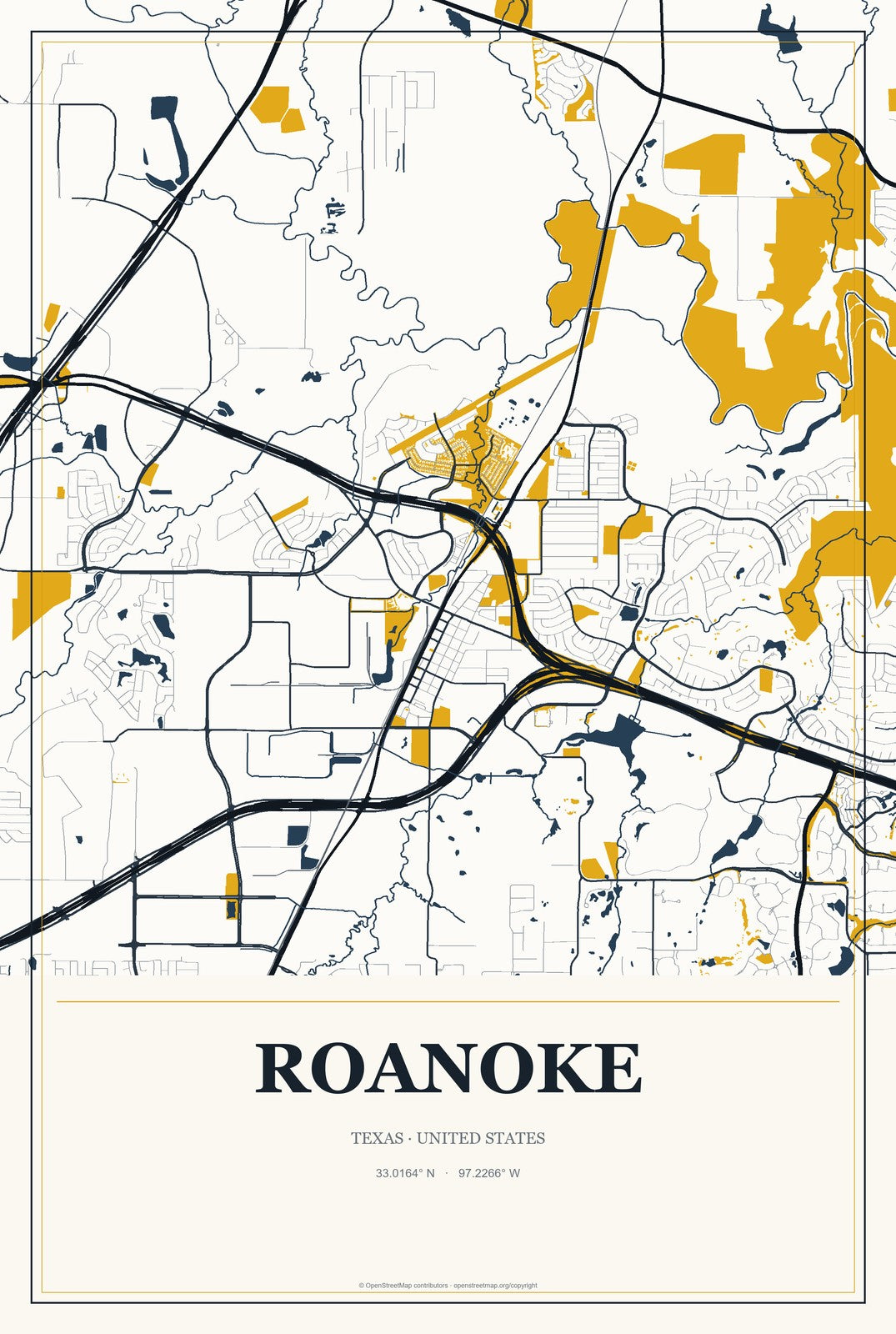 Roanoke, Texas City Map Aluminum Sign in Citrine Modern style