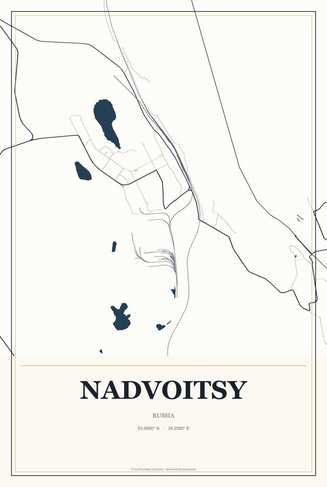 Nadvoitsy, Russia City Map Aluminum Sign in Citrine Modern style