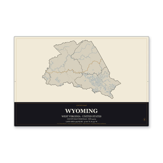 Wyoming County, West Virginia Map Aluminum Sign in Museum Plaque style