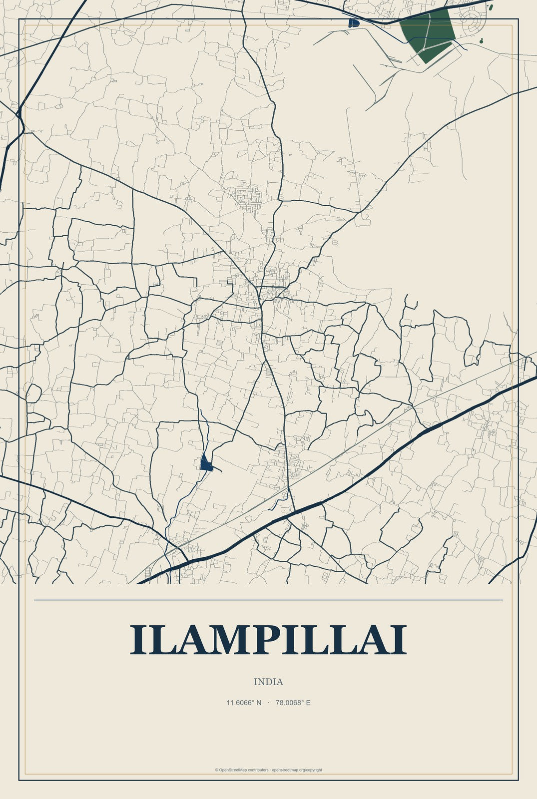 Ilampillai, India City Map Aluminum Sign in Coastal Cutout style