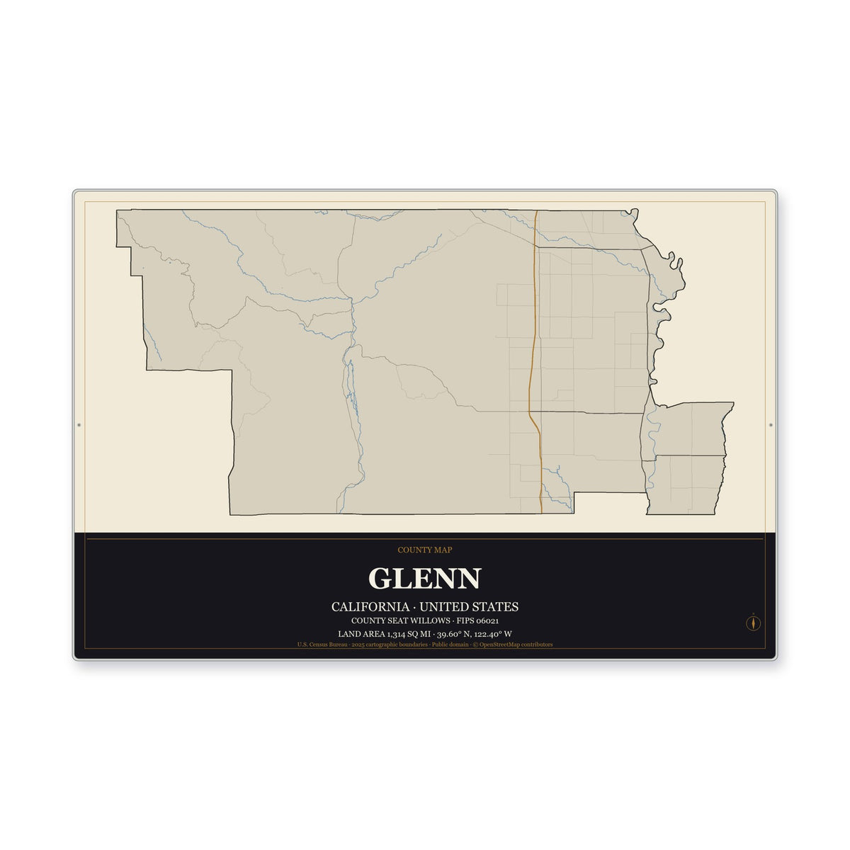 Glenn County, California Map Aluminum Sign in Museum Plaque style