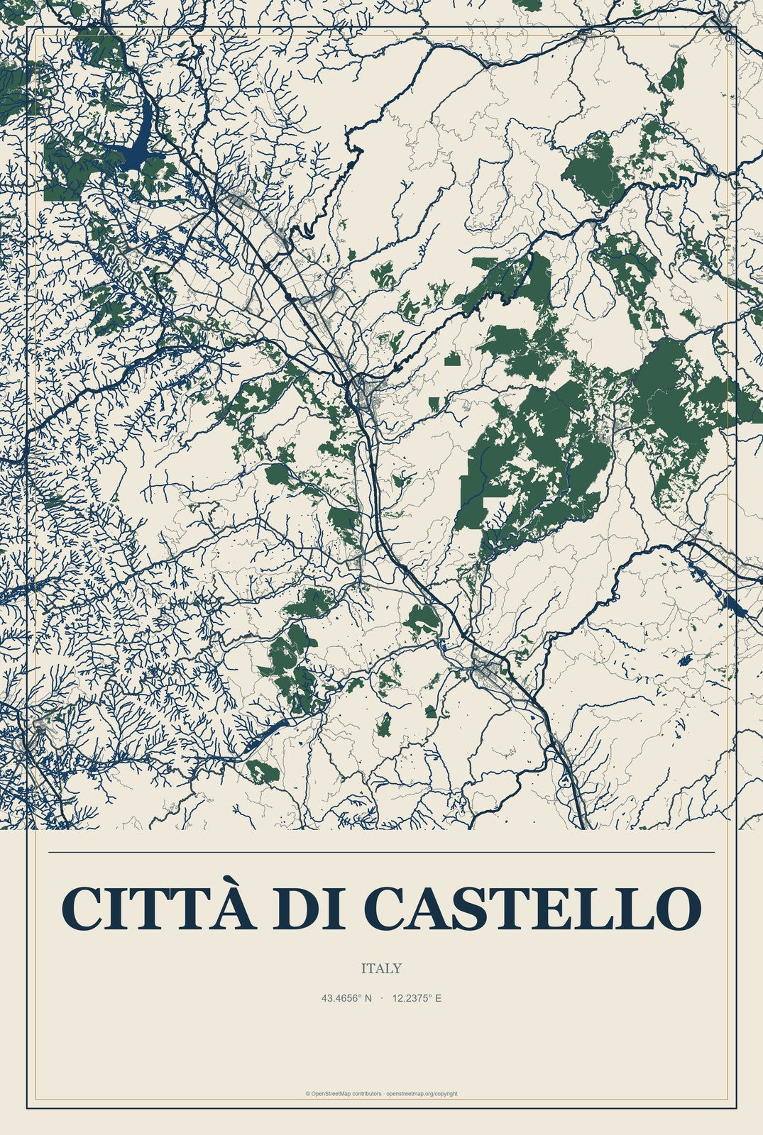 Città di Castello, Italy City Map Aluminum Sign in Coastal Cutout style