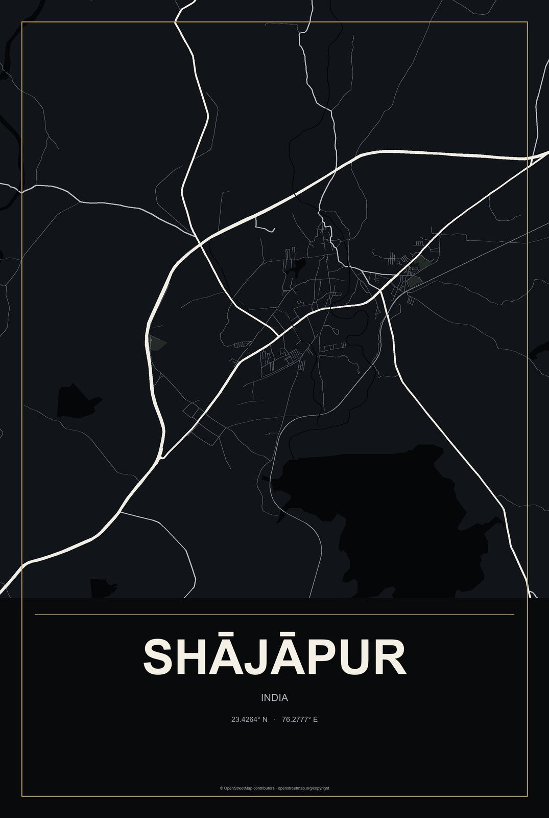 Shājāpur, India City Map Aluminum Sign in Metropolitan Noir style