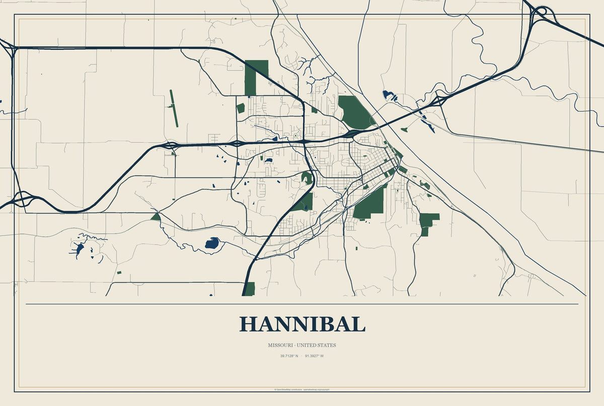 Hannibal, Missouri City Map Aluminum Sign in Coastal Cutout style