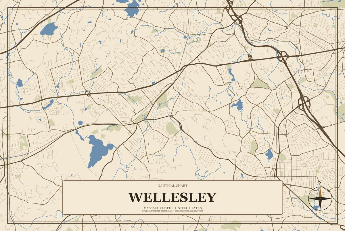 Wellesley, Massachusetts City Map Aluminum Sign in Heritage Nautical style