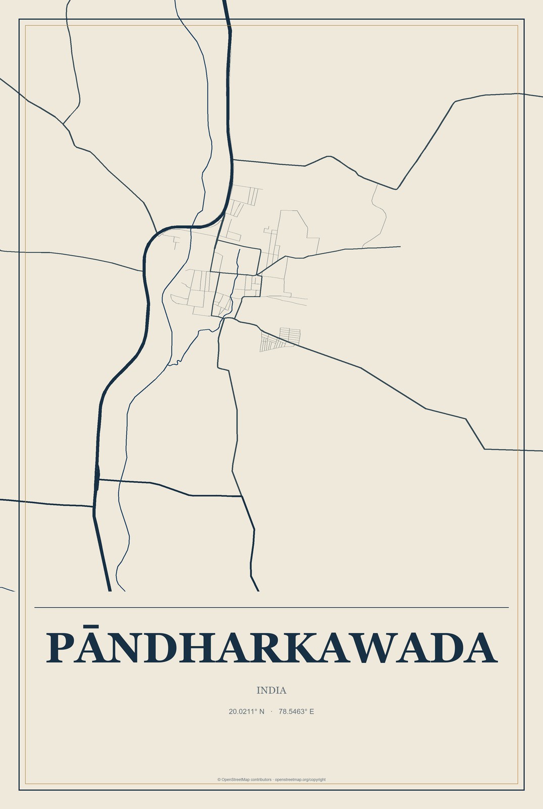 Pāndharkawada, India City Map Aluminum Sign in Coastal Cutout style
