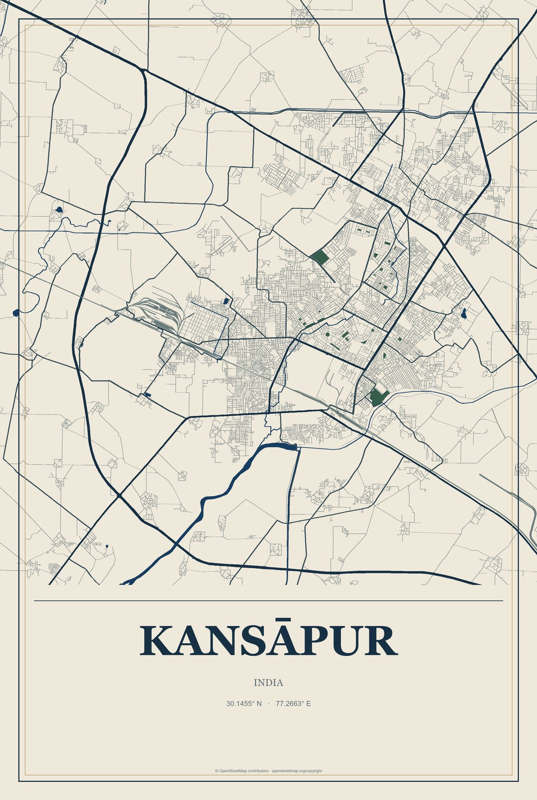 Kansāpur, India City Map Aluminum Sign in Coastal Cutout style