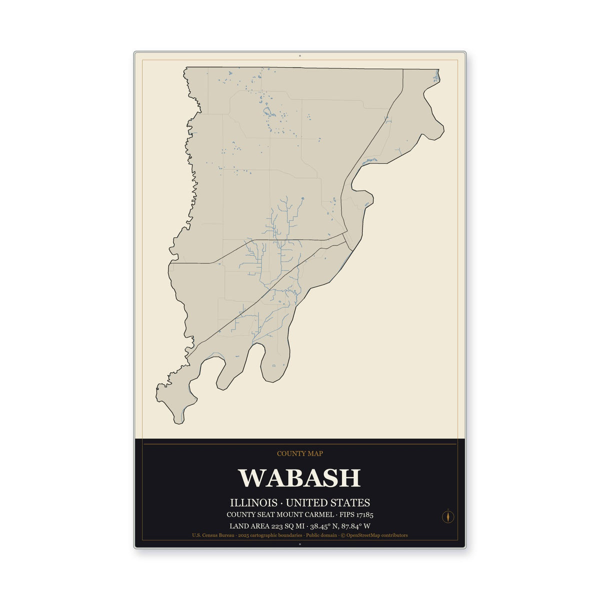 Wabash County, Illinois Map Aluminum Sign in Museum Plaque style