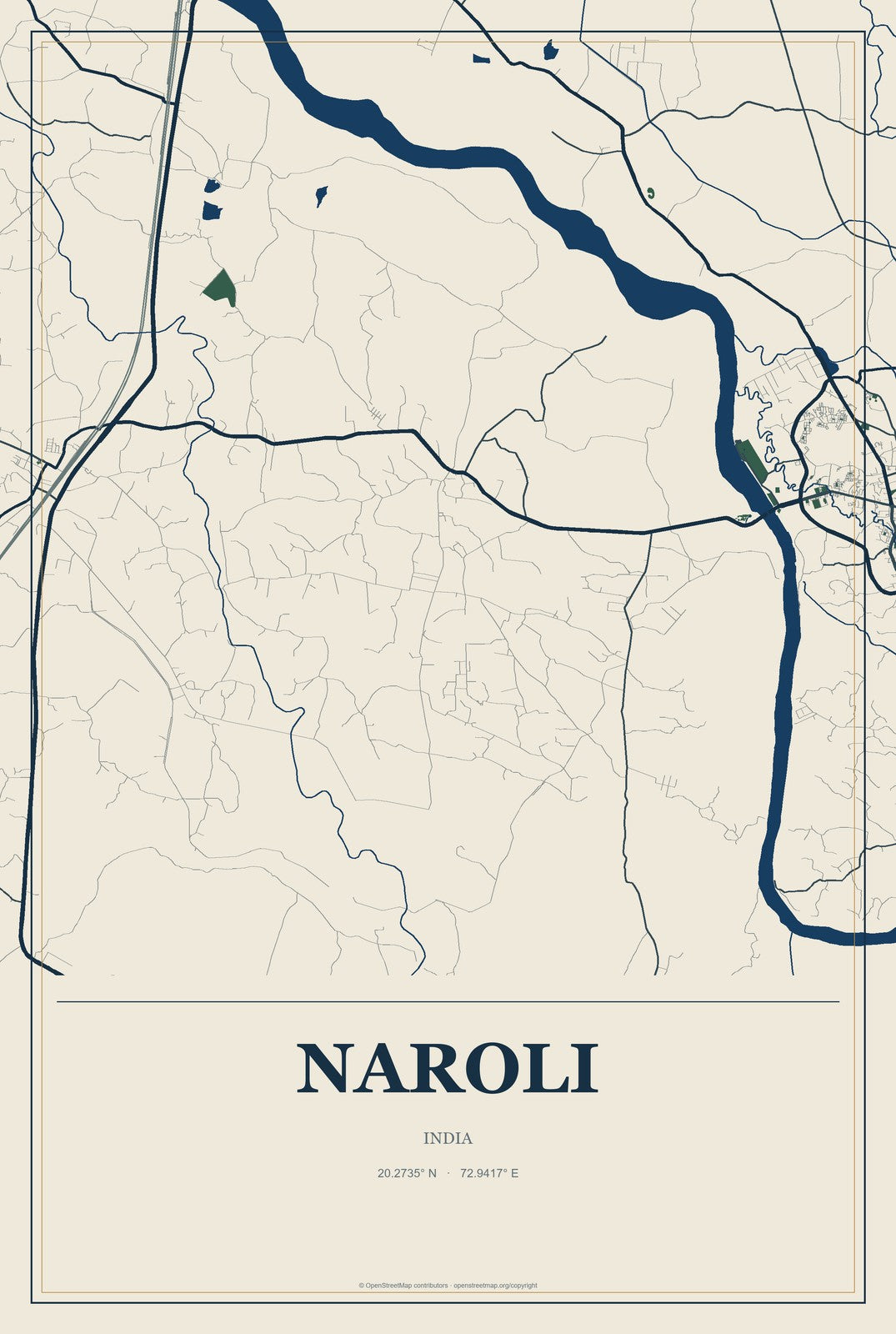 Naroli, India City Map Aluminum Sign in Coastal Cutout style