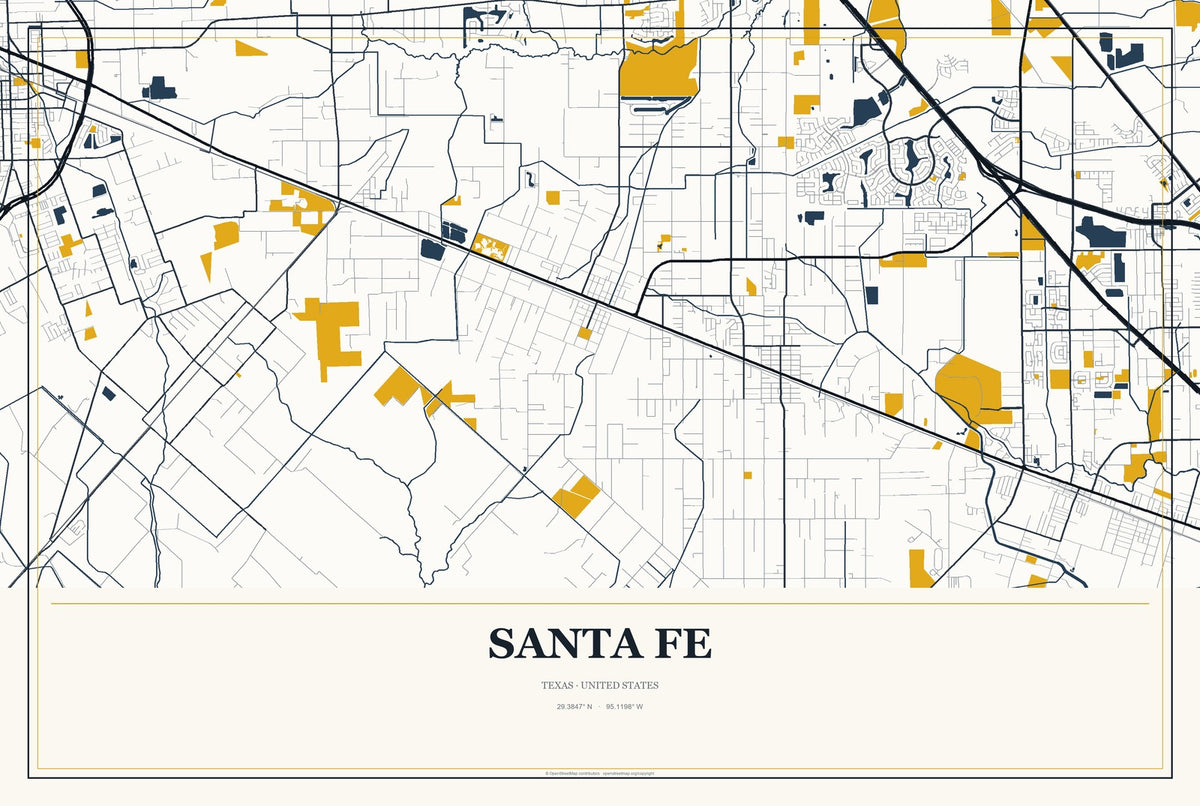 Santa Fe, Texas City Map Aluminum Sign in Citrine Modern style