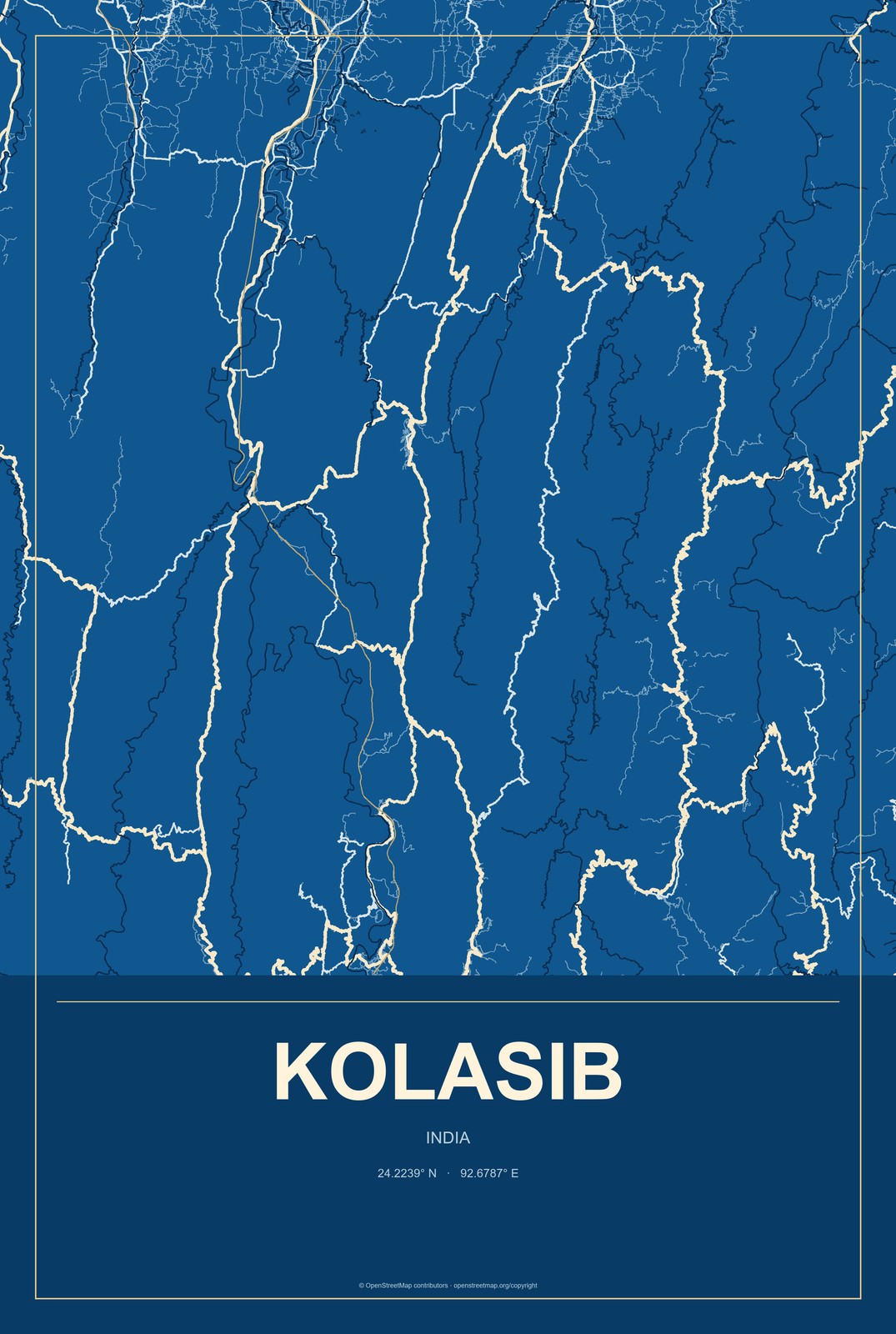 Kolasib, India City Map Aluminum Sign in Harbor Cobalt style