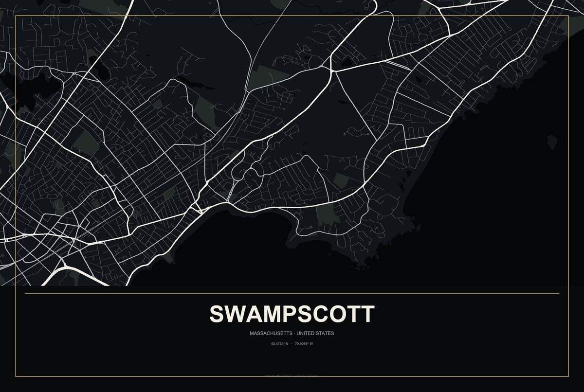 Swampscott, Massachusetts City Map Aluminum Sign in Metropolitan Noir style