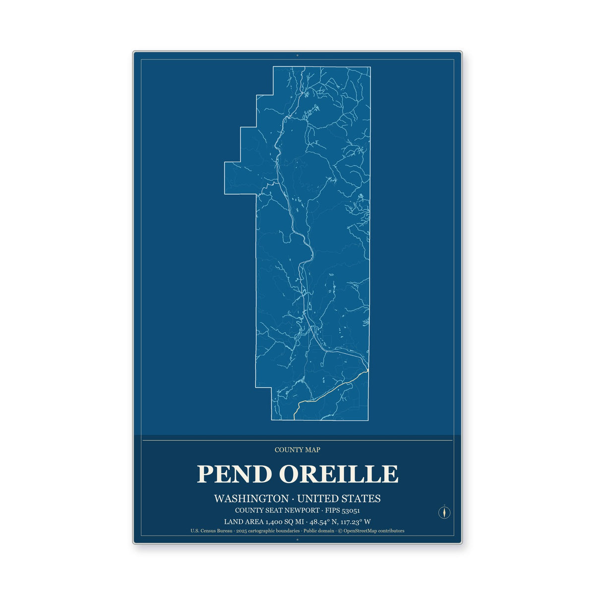 Pend Oreille County, Washington Map Aluminum Sign in Harbor Cobalt style