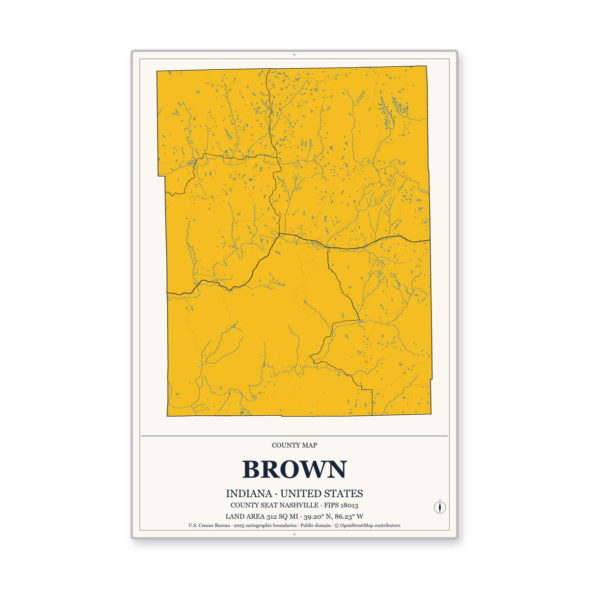 Brown County, Indiana Map Aluminum Sign in Citrine Modern style