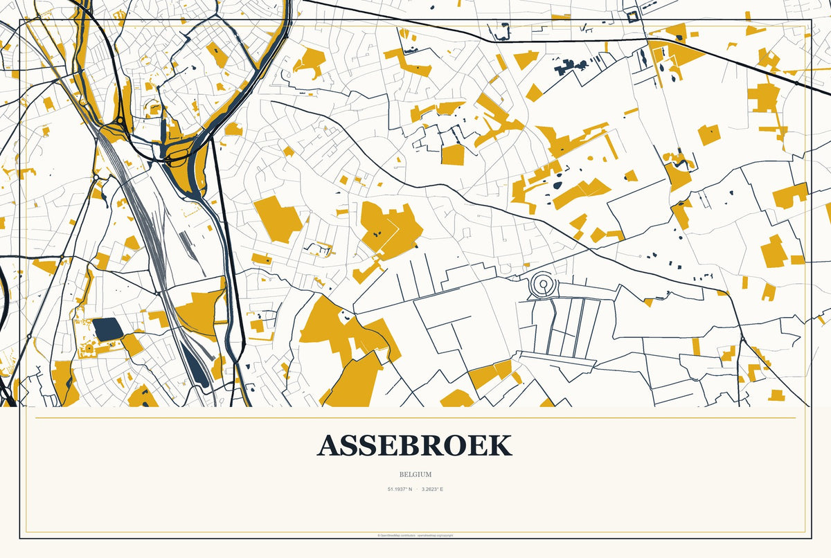 Assebroek, Belgium City Map Aluminum Sign in Citrine Modern style