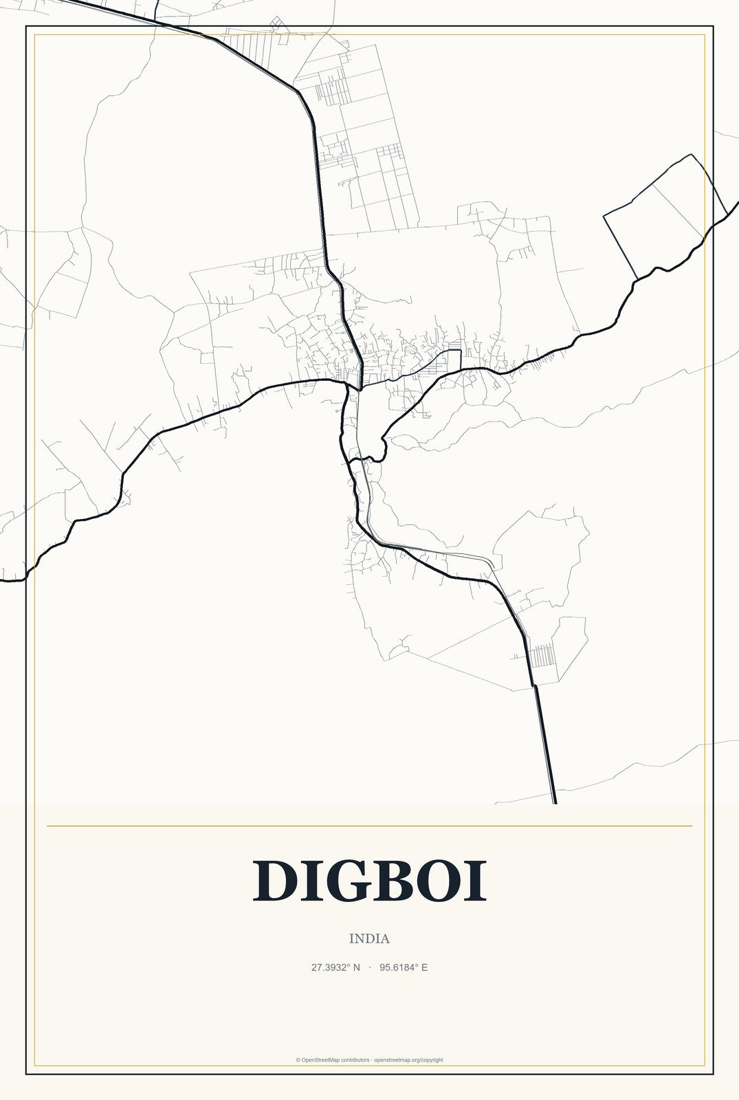 Digboi, India City Map Aluminum Sign in Citrine Modern style