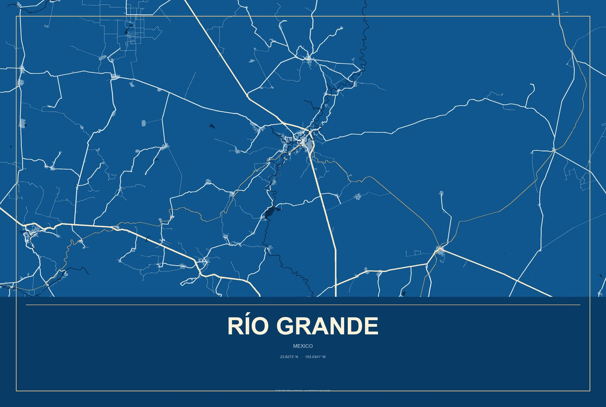 Río Grande, Oaxaca, Mexico City Map Aluminum Sign in Harbor Cobalt style