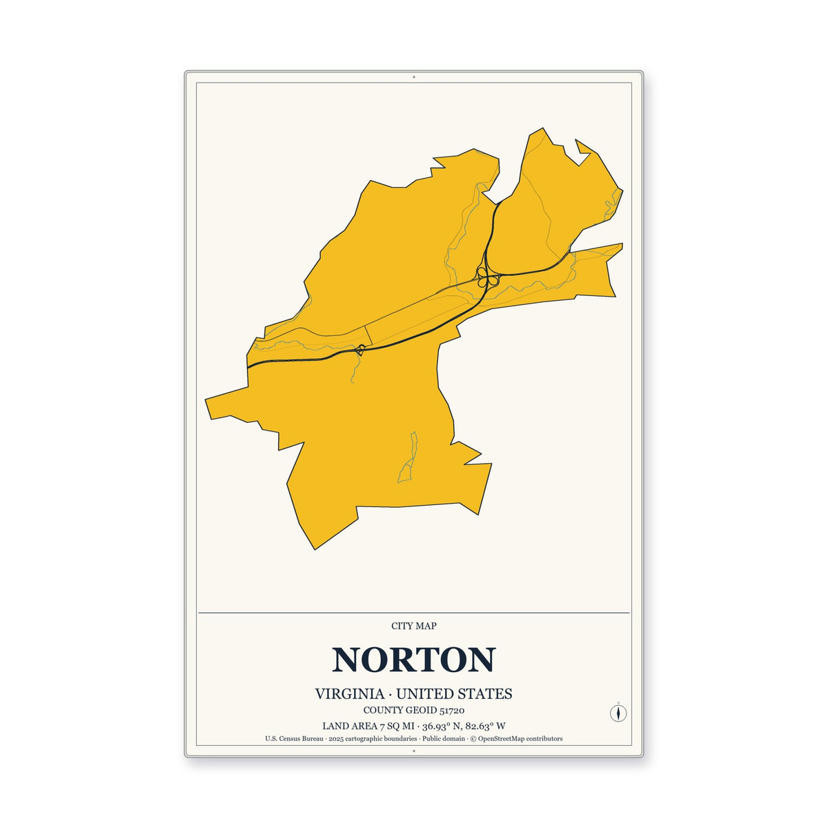 Norton city, Virginia Map Aluminum Sign in Citrine Modern style