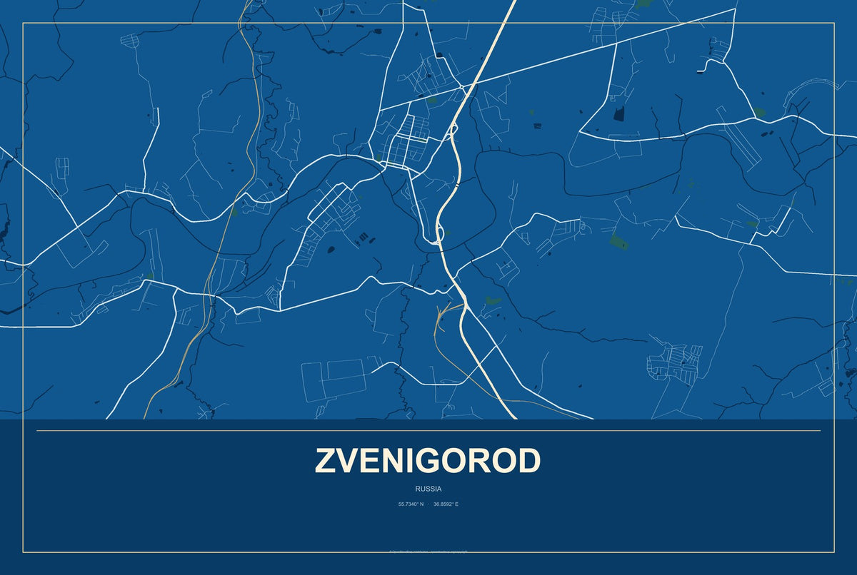 Zvenigorod, Russia City Map Aluminum Sign in Harbor Cobalt style