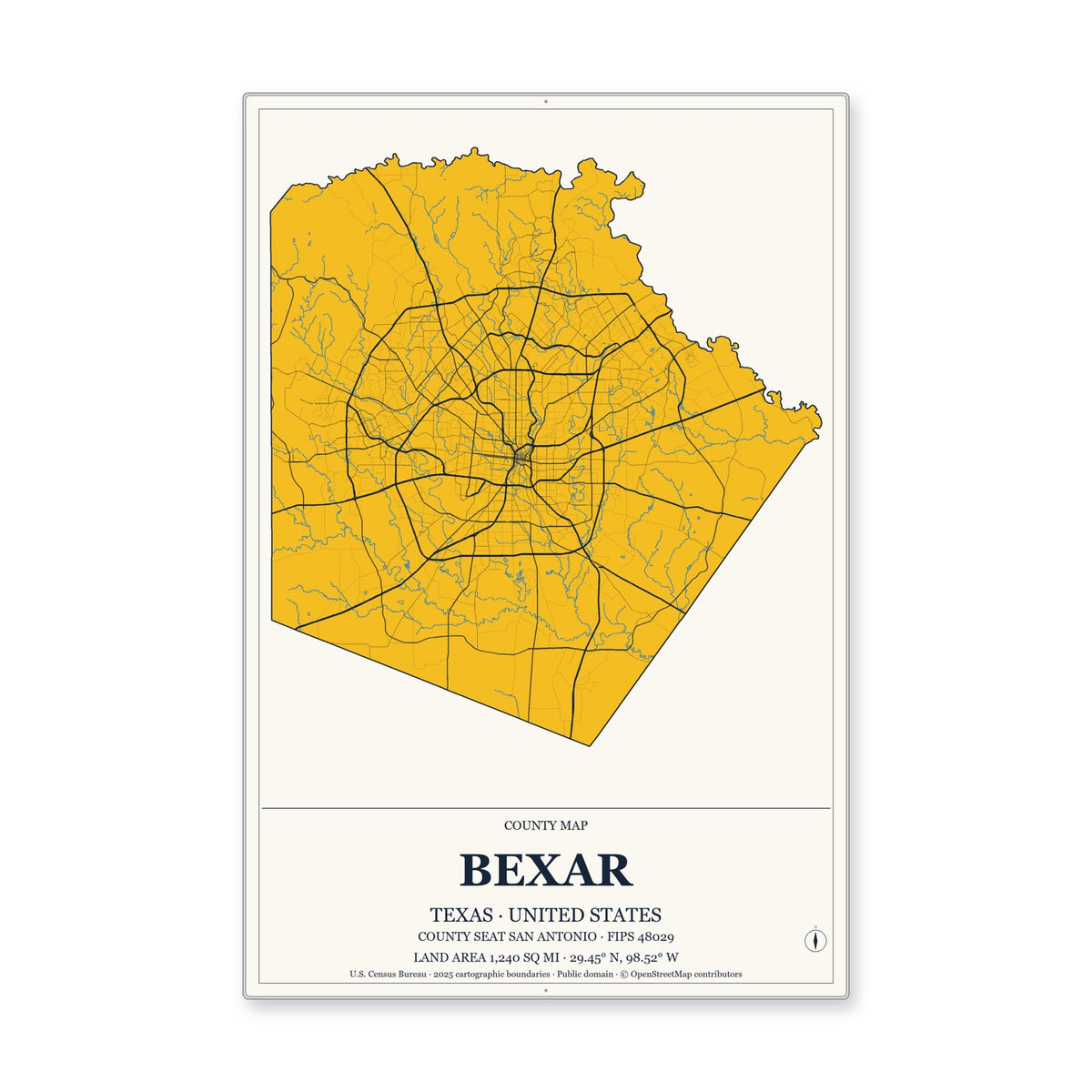 Bexar County, Texas Map Aluminum Sign in Citrine Modern style