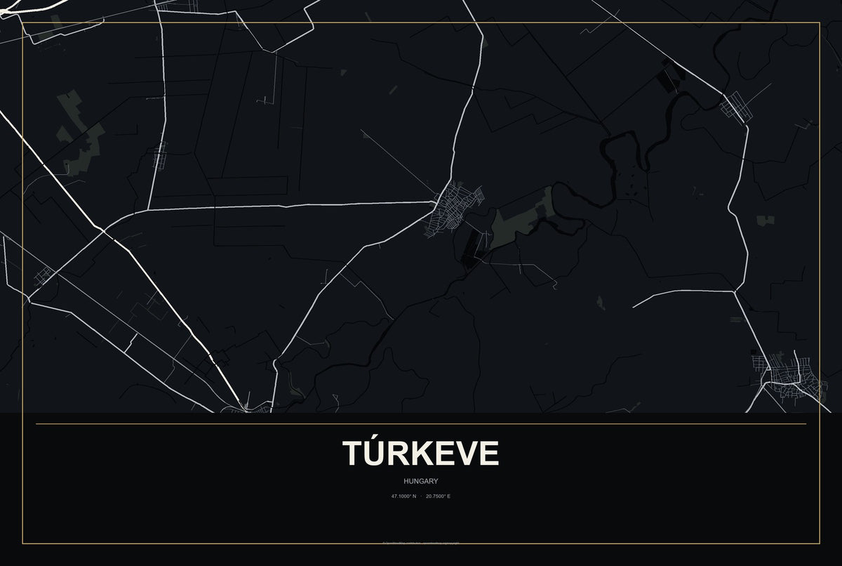 Túrkeve, Hungary City Map Aluminum Sign in Metropolitan Noir style