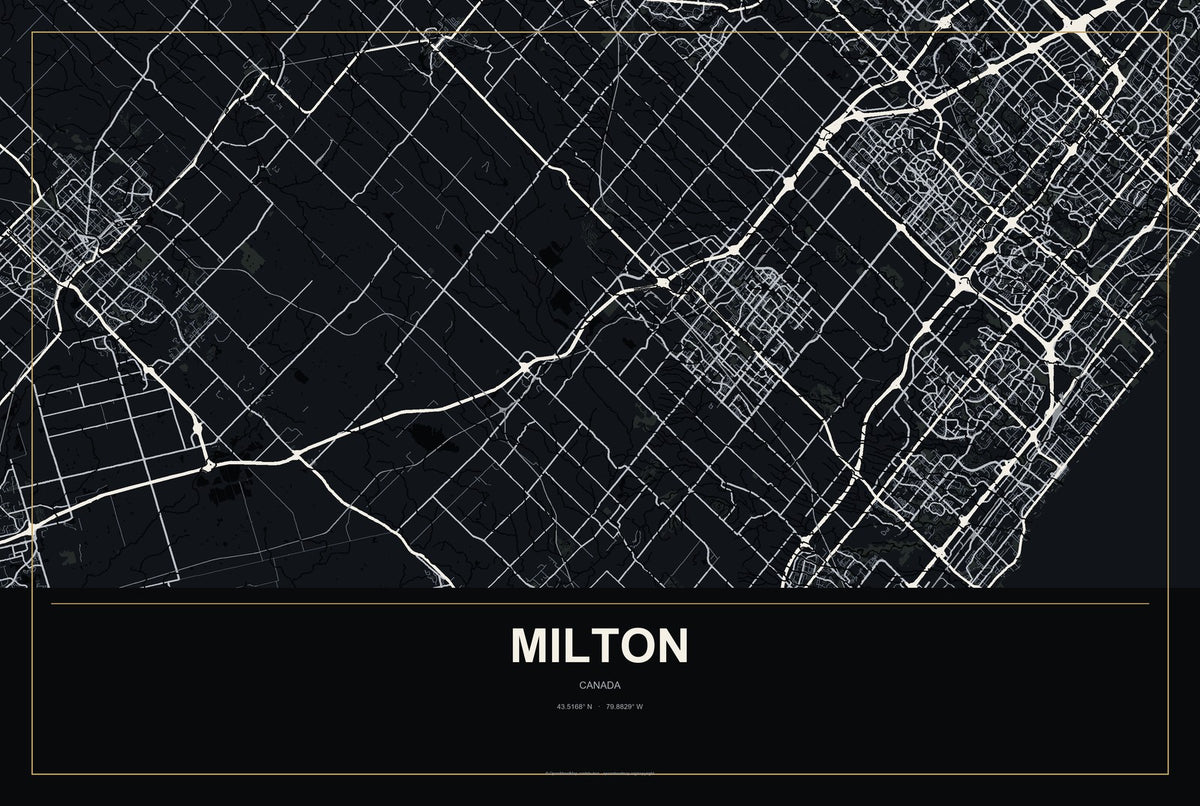 Milton, Canada City Map Aluminum Sign in Metropolitan Noir style