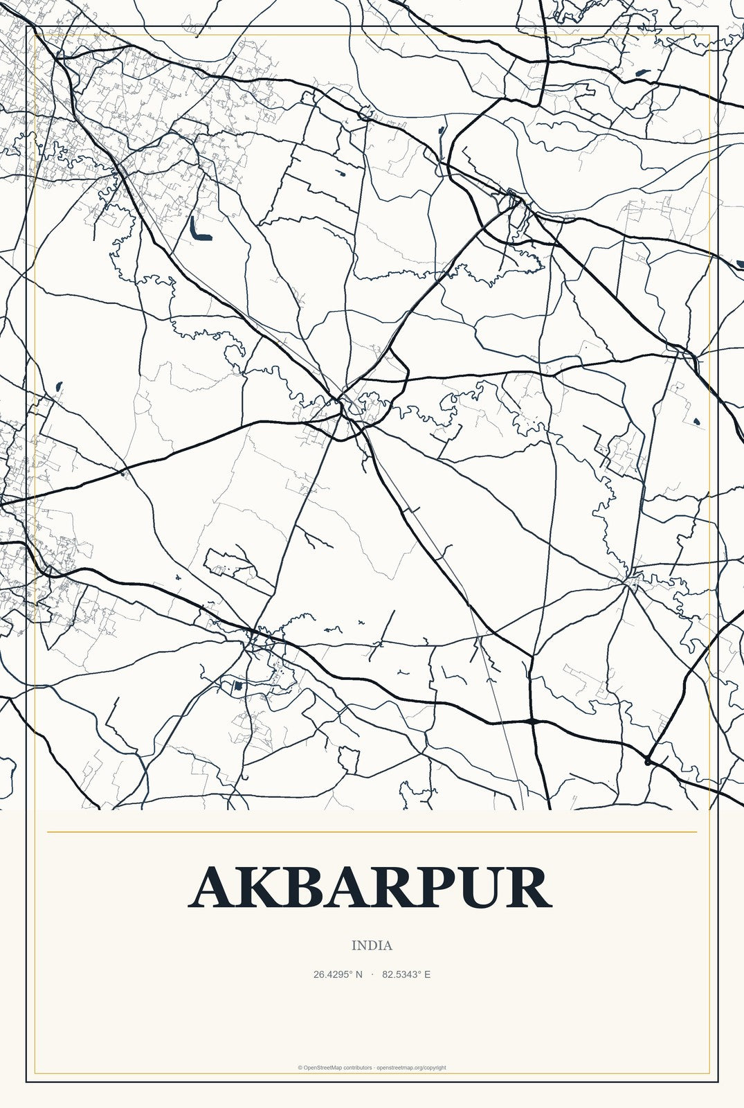 Akbarpur, India City Map Aluminum Sign in Citrine Modern style