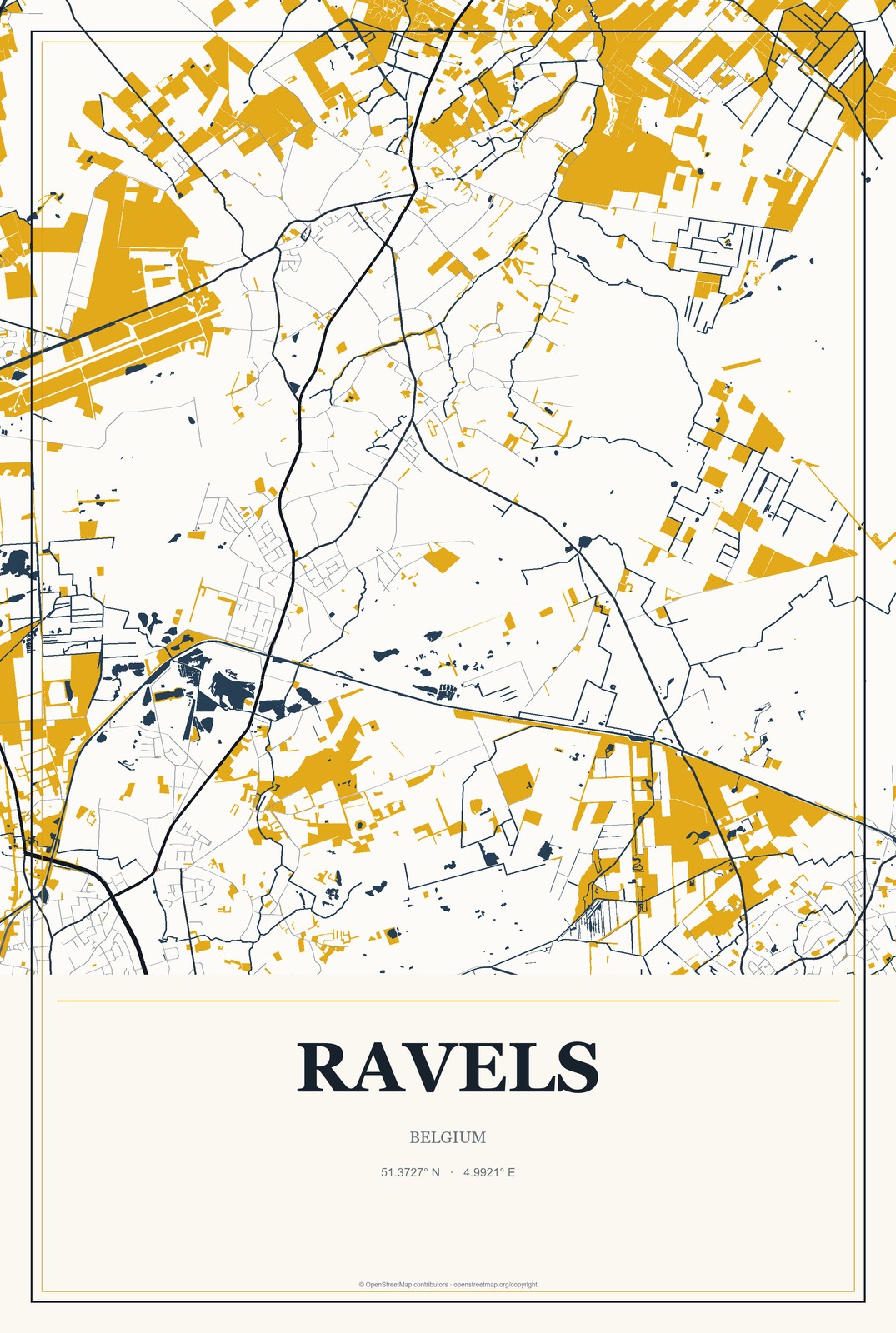 Ravels, Belgium City Map Aluminum Sign in Citrine Modern style