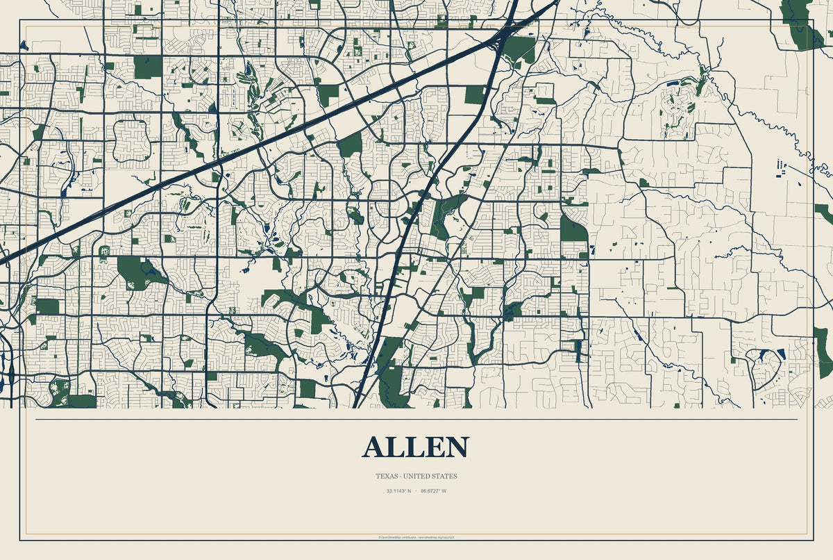 Allen, Texas City Map Aluminum Sign in Coastal Cutout style