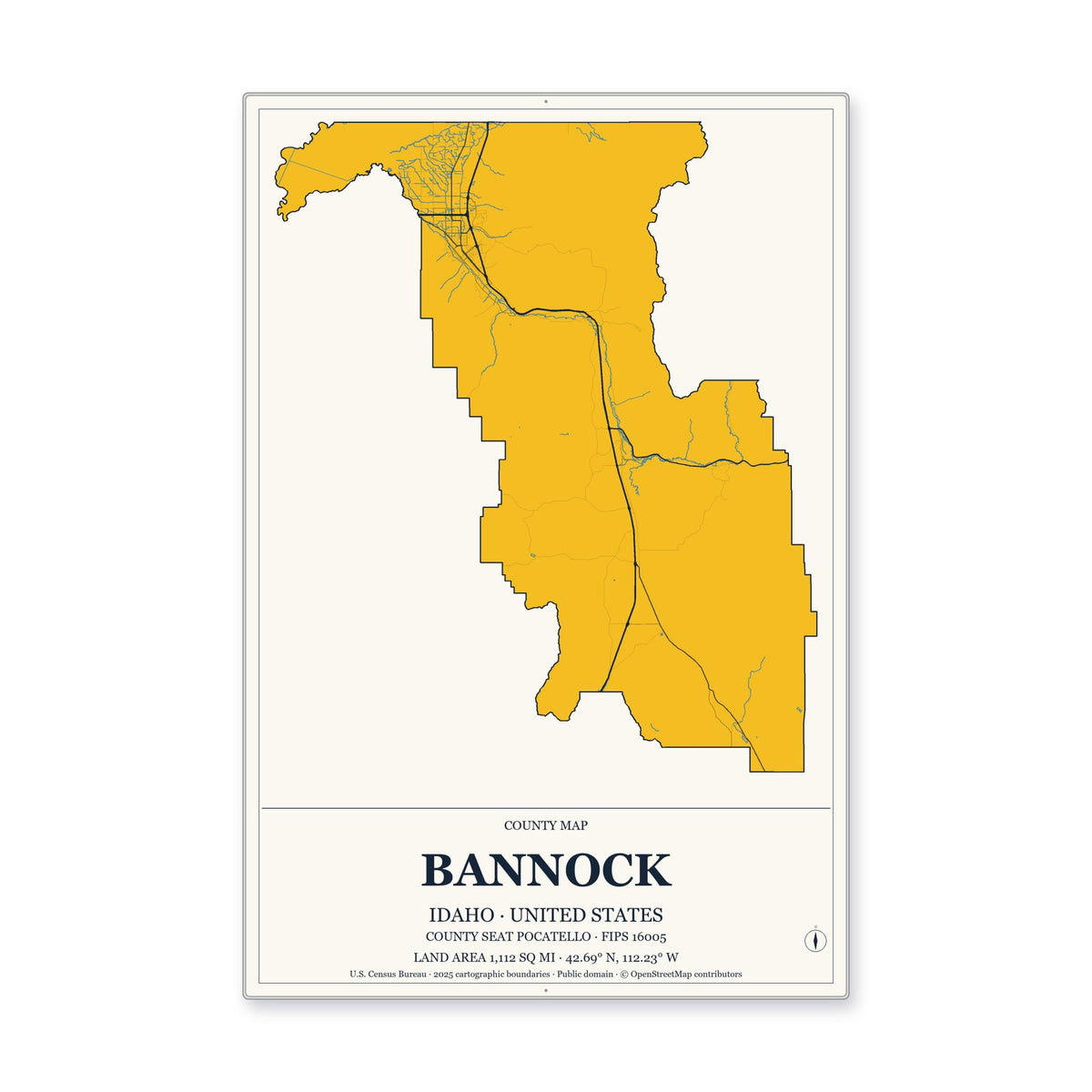 Bannock County, Idaho Map Aluminum Sign in Citrine Modern style