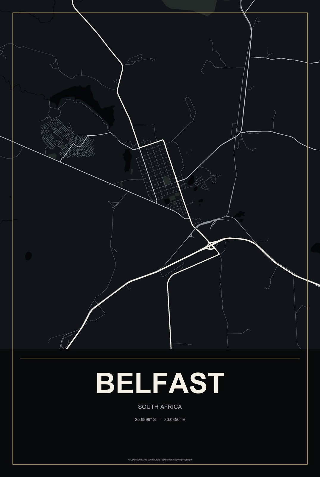 Belfast, South Africa City Map Aluminum Sign in Metropolitan Noir style